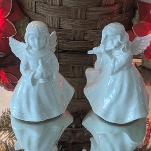 2 Beautiful White Ceramic Goebel Angels One Playing Flute, One Holding Candle